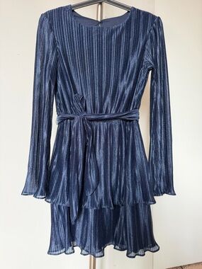 City Studios Shimmery Navy Blue Long Sleeve Pleated Belted Dress